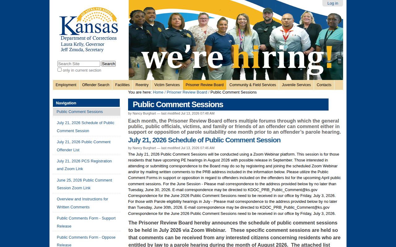 Kansas Prisoner Review Board monthly public-comment calendar