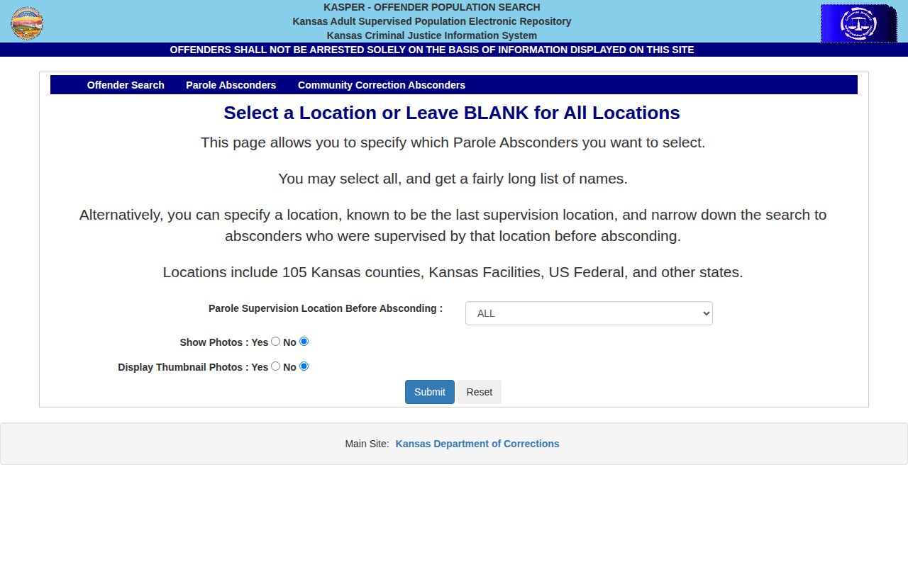 Kansas Department of Corrections parole absconder search filters