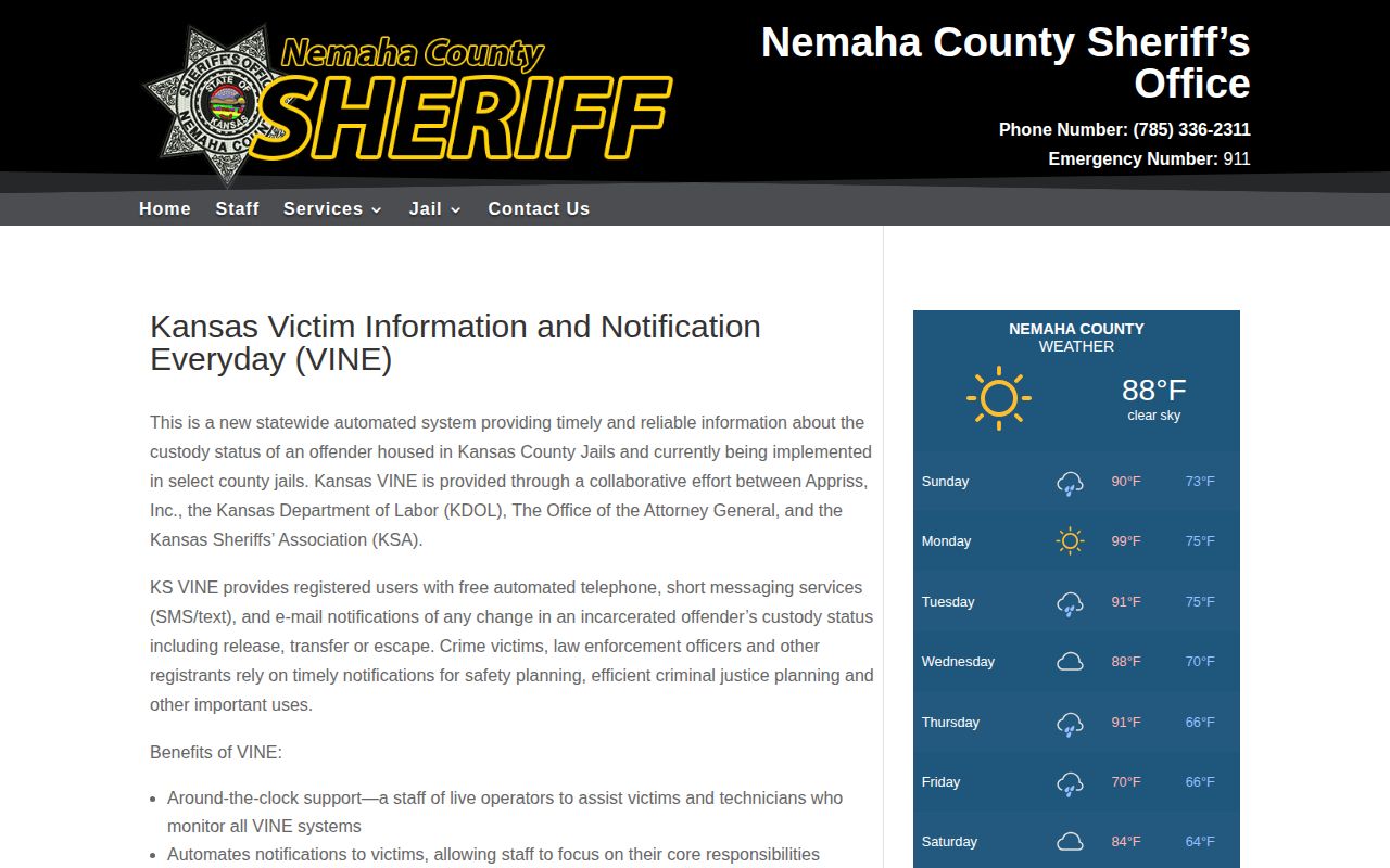 Nemaha County Sheriff Kansas VINE information page