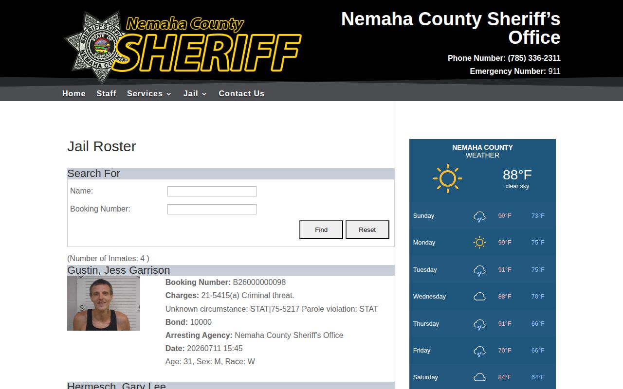 Nemaha County current jail roster without a release list